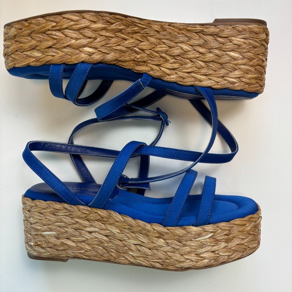 Paloma Barcelo Spain Platform Sandals 37 Blue Satin Raffia Wedge Lace Up - Picture 2 of 5